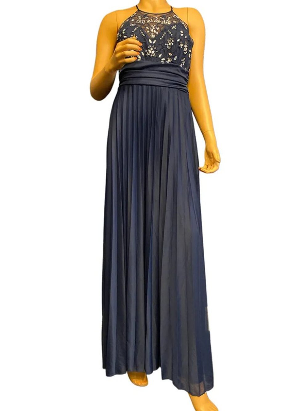 B. Darlin Embellished Halter Gown with Pleated Skirt